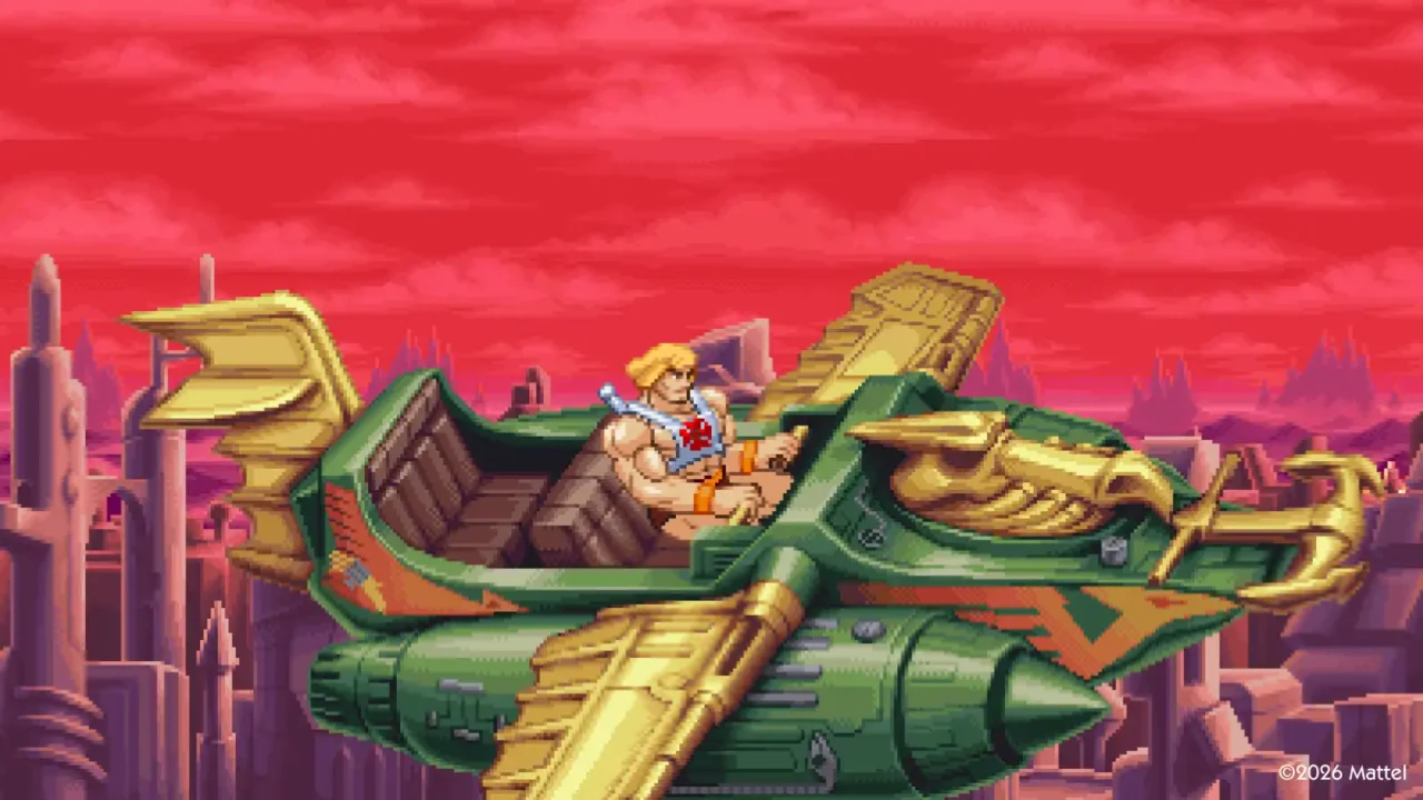 He-Man rides a flying craft across a pixel-art Eternia landscape in He-Man and the Masters of the Universe: Dragon Pearl of Destruction.