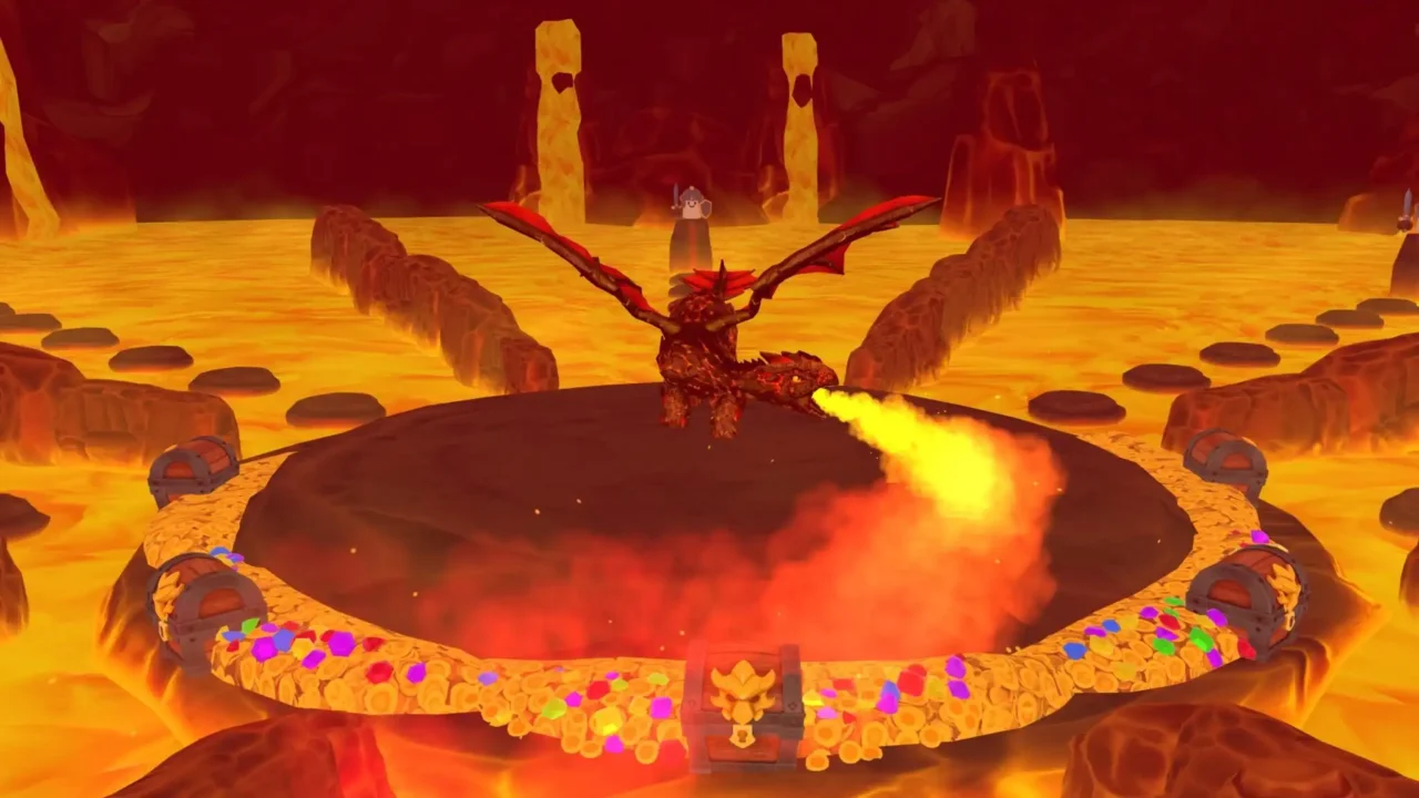 Dragon breathing fire over a treasure-ringed arena in Jolly Match 3 MR’s Dragon’s Cave event.