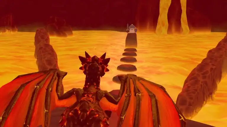 Over-the-shoulder view behind the dragon toward stepping stones in Dragon’s Cave, Jolly Match 3 MR.