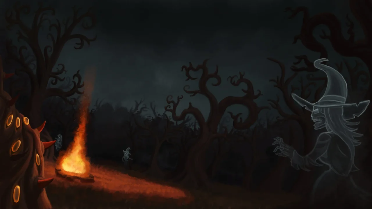 Kindling background art showing a campfire in a haunted forest with a ghostly witch figure in the shadows