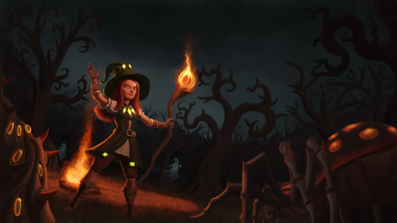 Kindling artwork showing a witch holding a flaming staff in a dark haunted forest surrounded by twisted trees and a giant spider