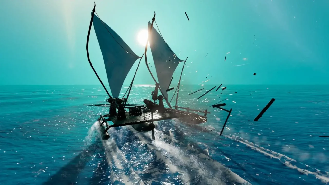 Leonardo’s Island gameplay screenshot showing a small raft-like ship speeding across bright blue water with debris flying in the air.