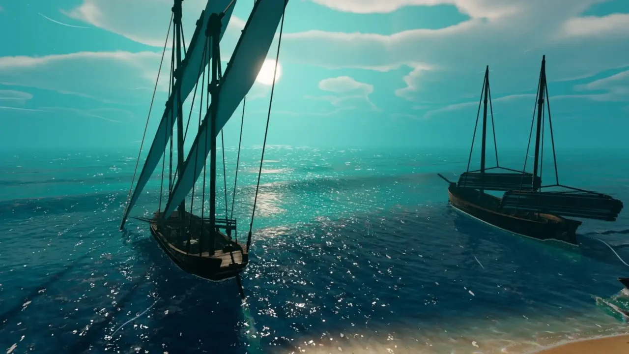 Leonardo’s Island gameplay screenshot showing two ships sailing on a calm blue ocean under bright sunlight.