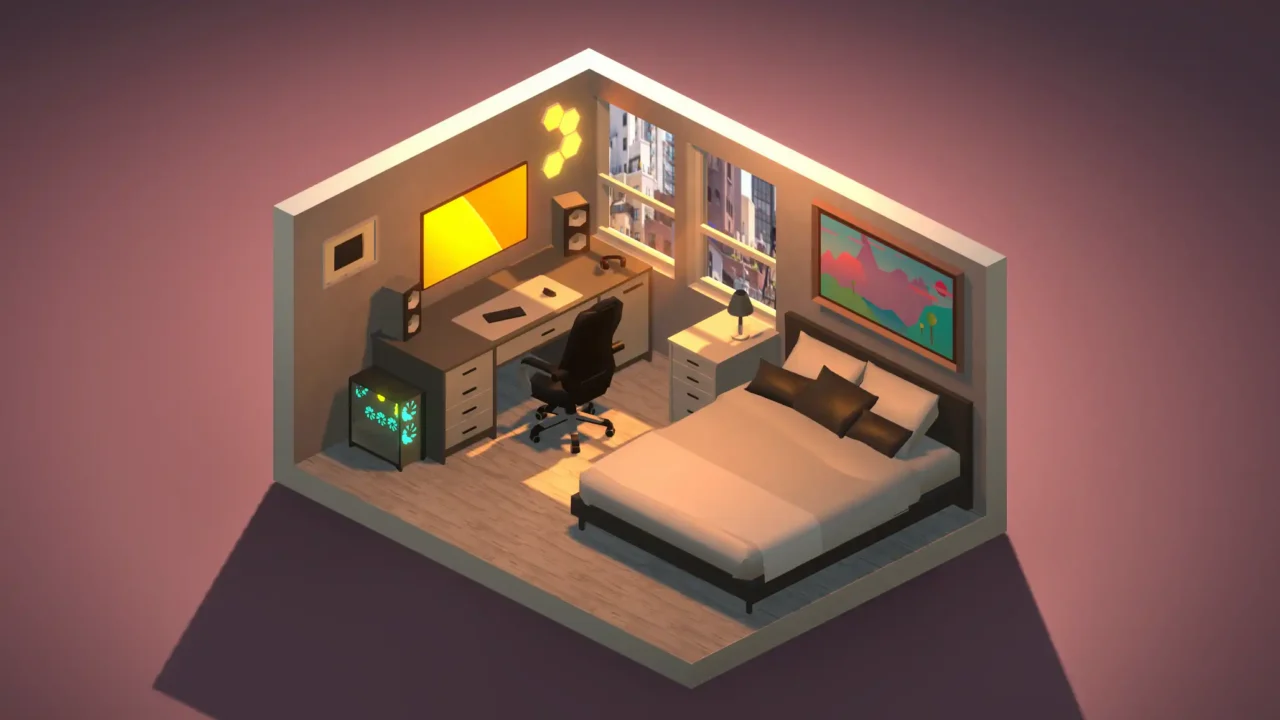 Isometric bedroom with a double bed, bedside table, desk workstation with a wide monitor, and warm lighting near a window.