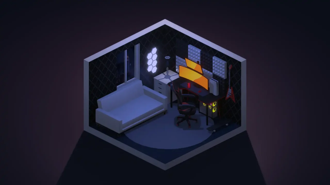 Isometric dark gaming room with dual monitors on a desk, acoustic wall panels, a couch, and moody lighting.