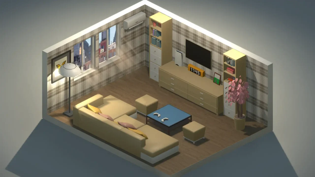 Isometric living room with an L-shaped sofa, coffee table with controllers, wall-mounted TV, cabinets, and a tall plant.