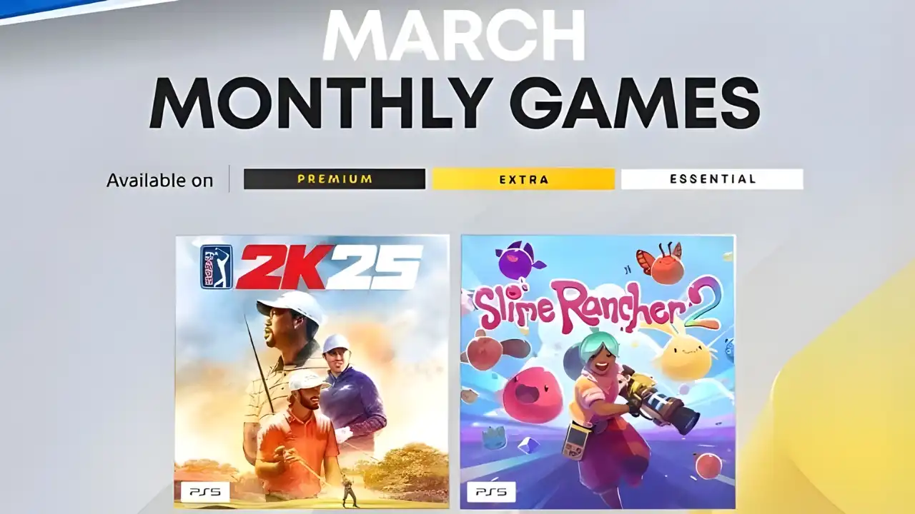 PlayStation Plus March 2026 monthly games banner showing PGA Tour 2K25 and Slime Rancher 2, available on Premium, Extra, and Essential.