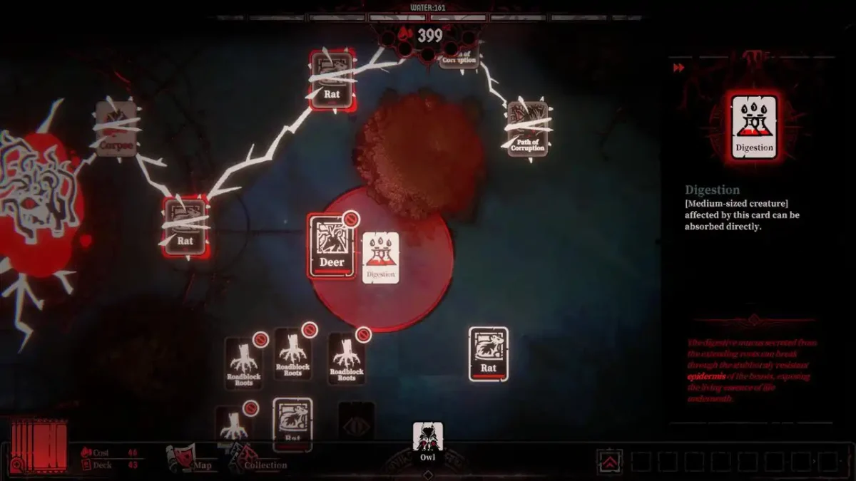 Roots Devour screenshot showing the Digestion card used on a Deer, with the Digestion description panel visible.