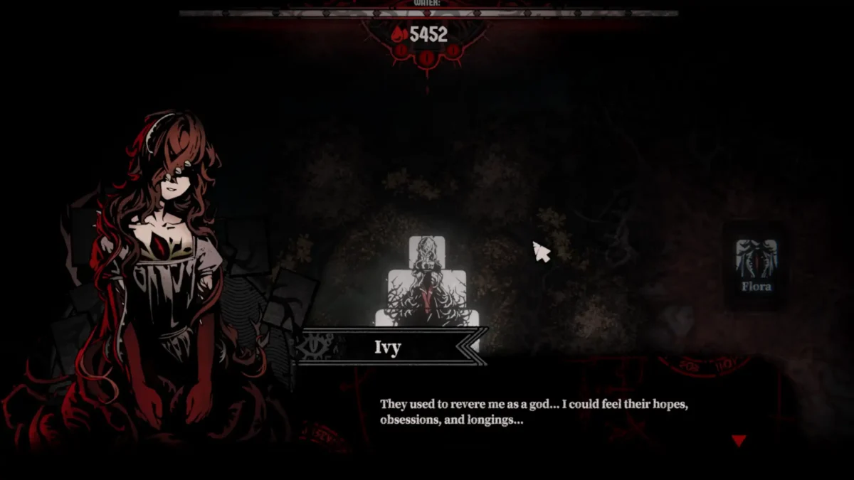 Roots Devour story dialogue scene featuring Ivy, with text about being revered as a god and sensing hopes and obsessions.