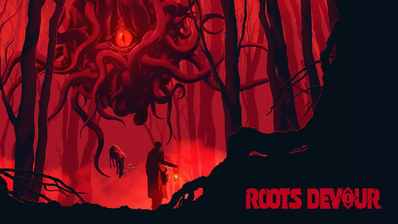 Roots Devour key art showing a red forest, a lantern-carrying figure, and a tangled root-like creature with a glowing eye above.