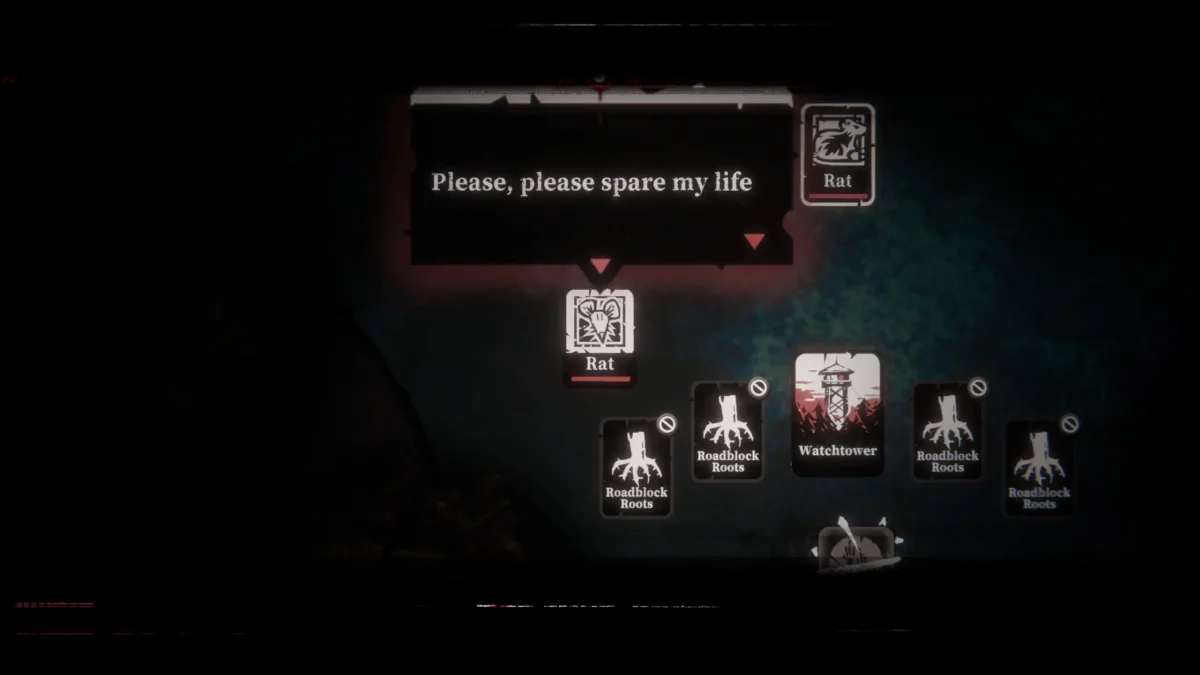 Roots Devour dialogue scene where a Rat pleads “Please, please spare my life,” with Watchtower and Roadblock Roots nodes nearby.