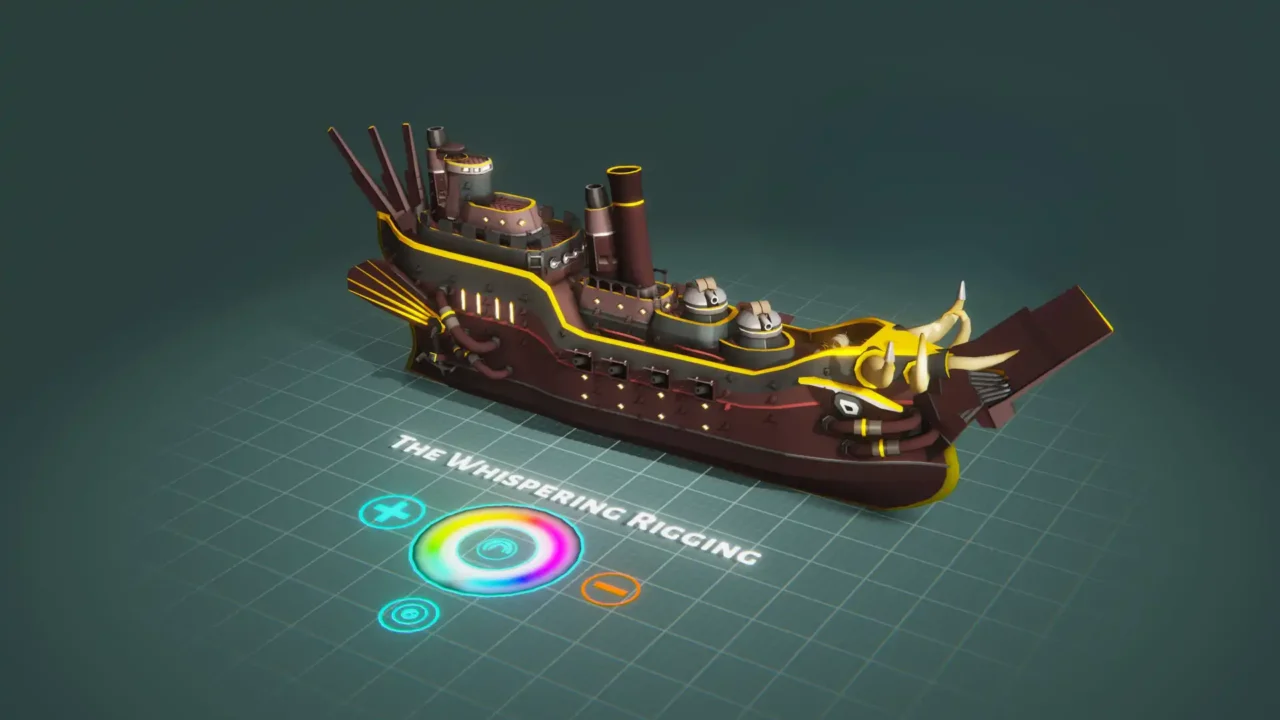 ShipShaper editor view showing a dark red ship with gold trim, smokestacks, and a color wheel palette.