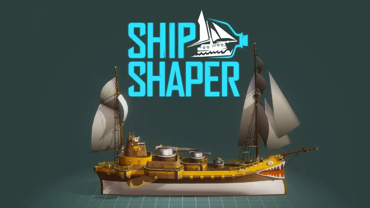 ShipShaper logo above a stylized yellow ship with sails and deck cannons on a dark background.