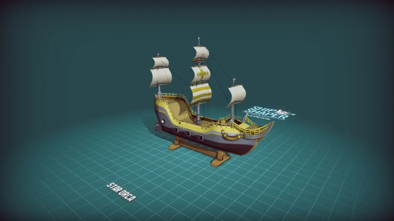A bright ship-building screenshot in ShipShaper showing a yellow-and-white sailing vessel labeled Star Orca.