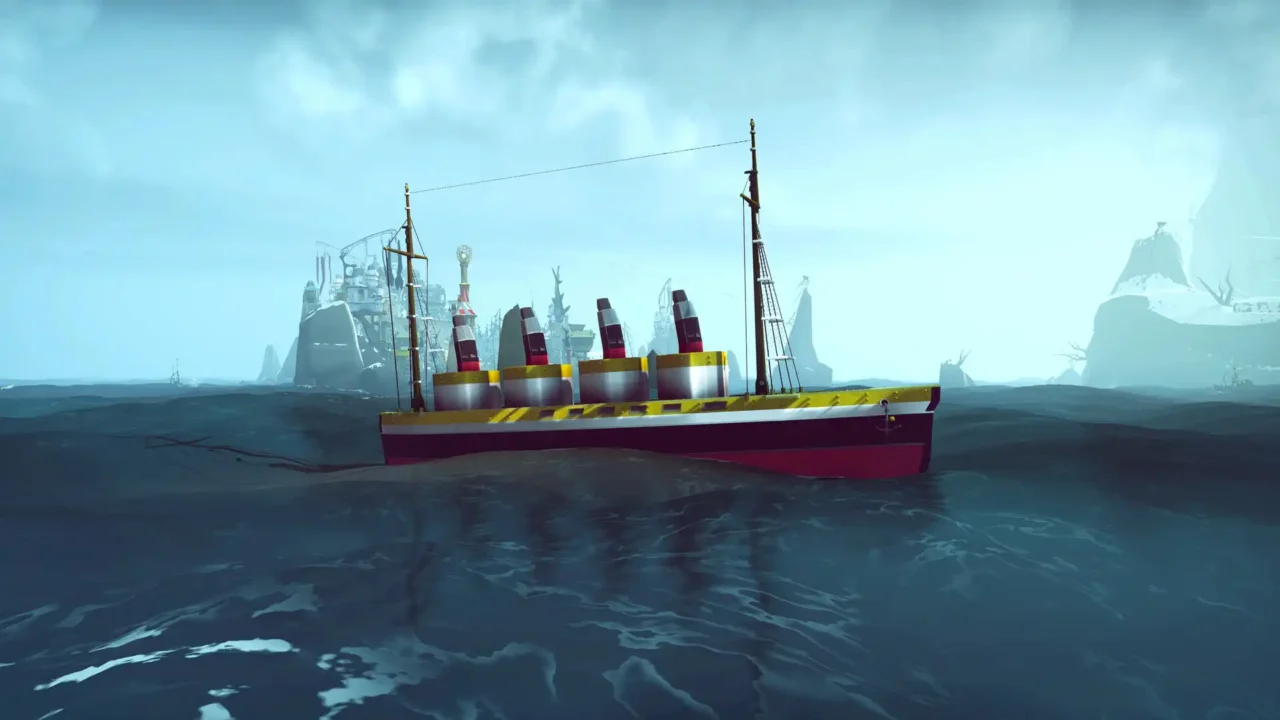 Stylized steamer ship with four funnels sailing on dark water, with misty islands in the distance.