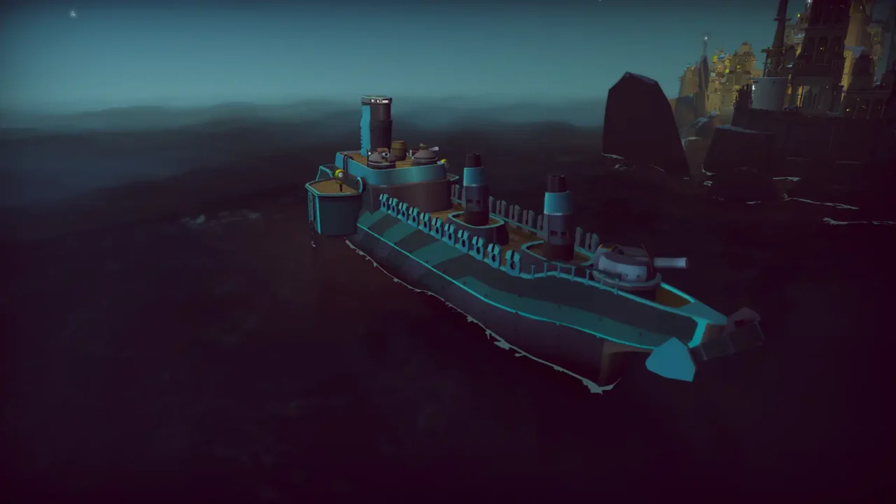 A steampunk-style ship sailing across the sea in ShipShaper with structures visible in the distance.