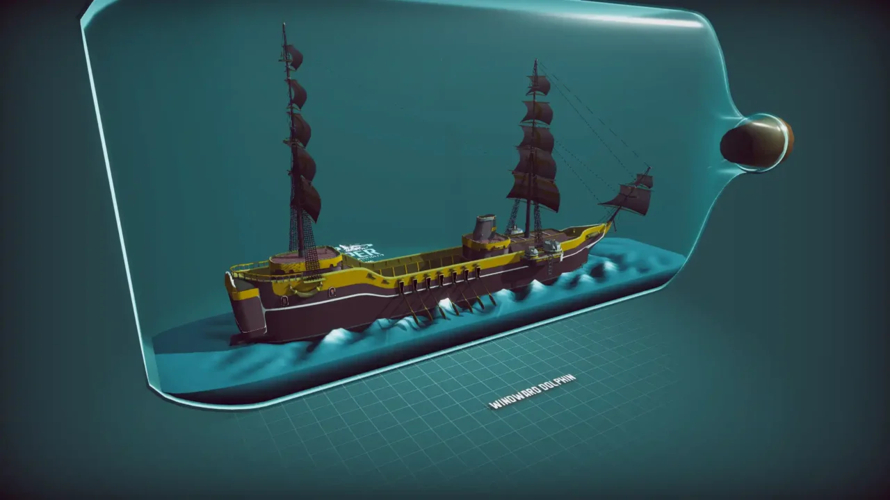 A ShipShaper screenshot showing the Windward Dolphin ship model displayed inside a glass bottle.
