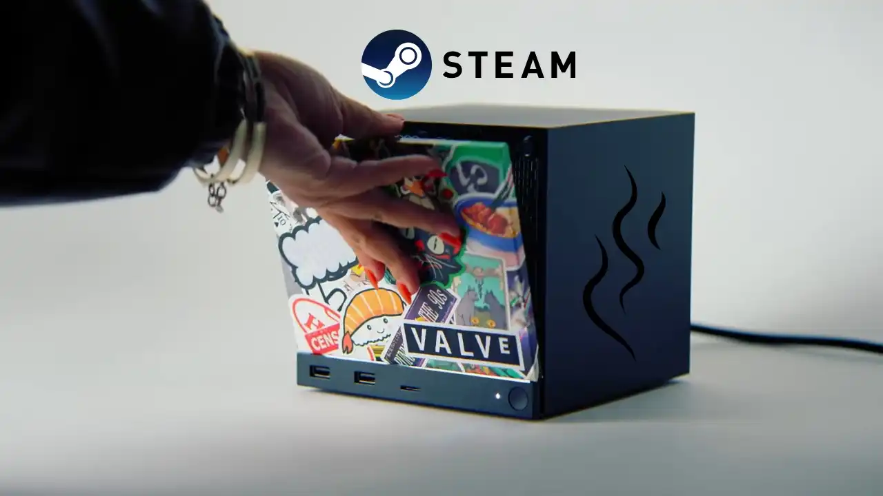 A hand inserts a colorful custom front panel into a Steam Machine-style mini PC.