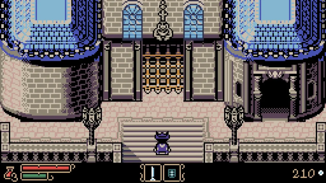 At the castle gate. Tearscape screenshot of the player standing on steps in front of a large castle gate with blue-roofed towers.