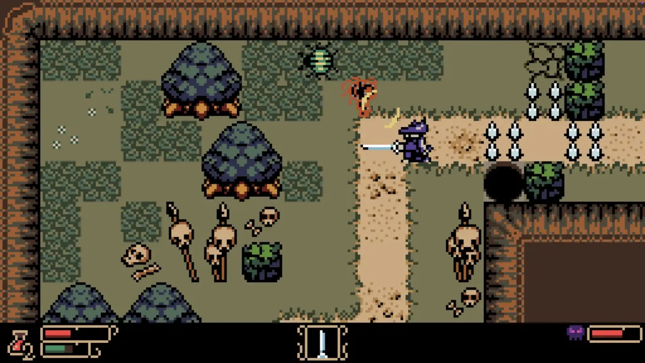 Combat on a forest path surrounded by skull totems. Tearscape screenshot showing sword combat on a forest path beside skull totems and scattered bones.