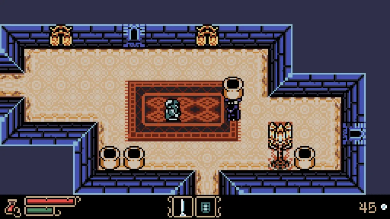 Indoor room with pots and a statue. Tearscape screenshot of an indoor room with large pots, a torch, and a small statue on a red rug.