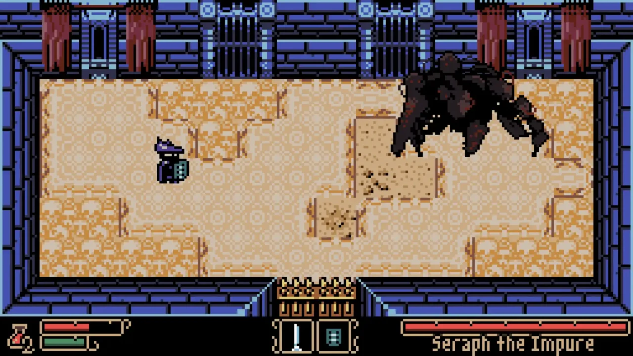 Boss fight: Seraph the Impure. Tearscape boss fight screenshot showing the player facing Seraph the Impure in a blue-stone room.