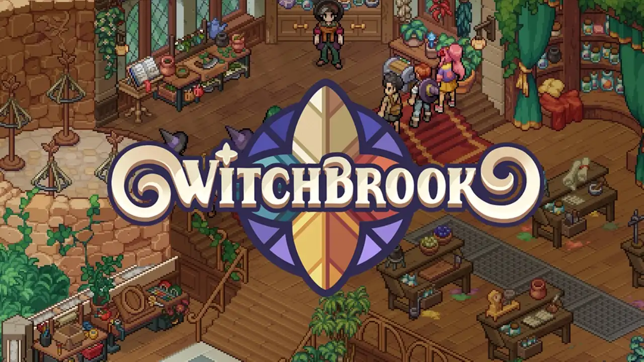 Witchbrook logo over a pixel-art interior scene with students, potion shelves, and a cozy magic-workshop vibe.