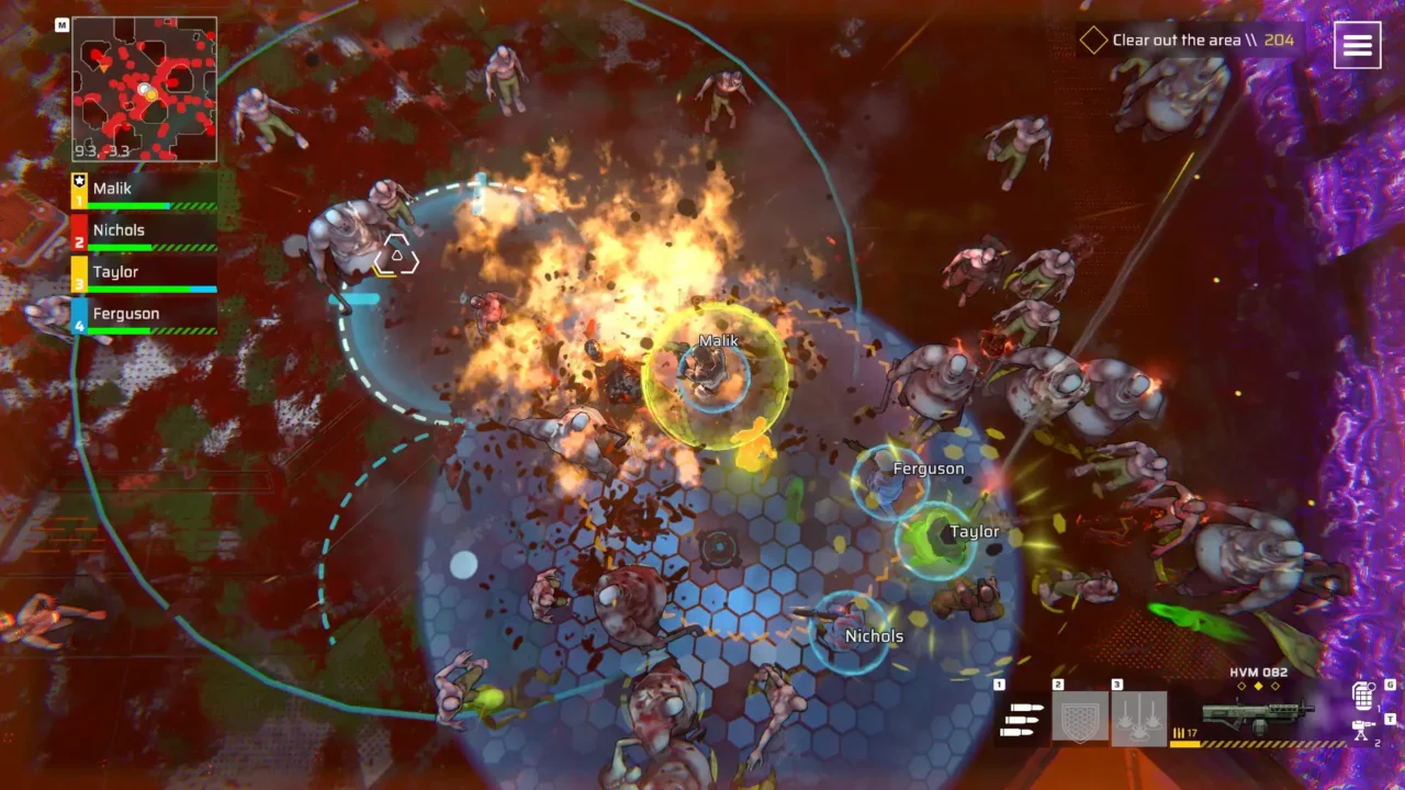 Top-down co-op gameplay in Zombie Assault: Resurgence with an explosion and a squad fighting zombies