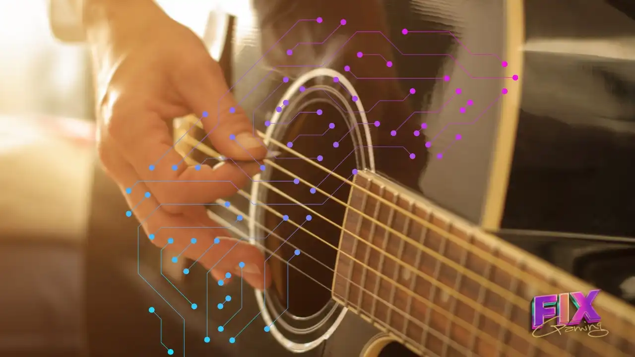 Close-up of an acoustic guitar with an AI circuit overlay and Fix Gaming branding, symbolising the clash between human music and AI-generated sound.