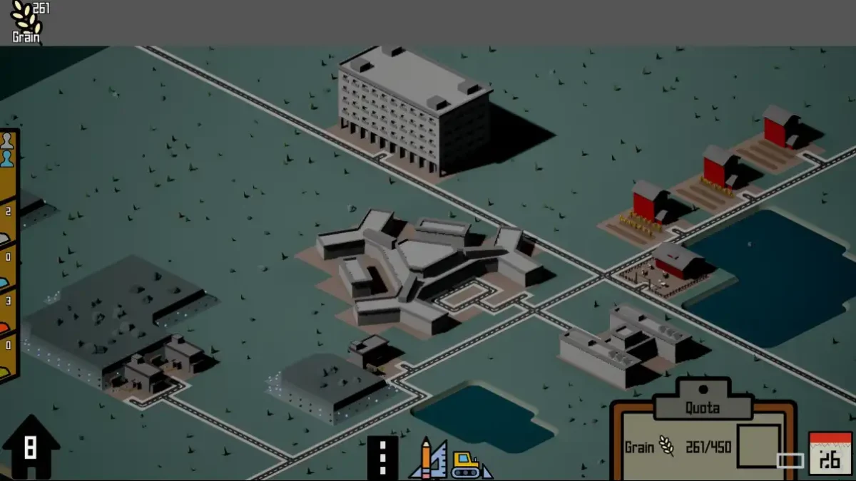 Gameplay screenshot from Commie Block showing a block-based city layout, quota panel, roads, buildings, farms, and industrial structures