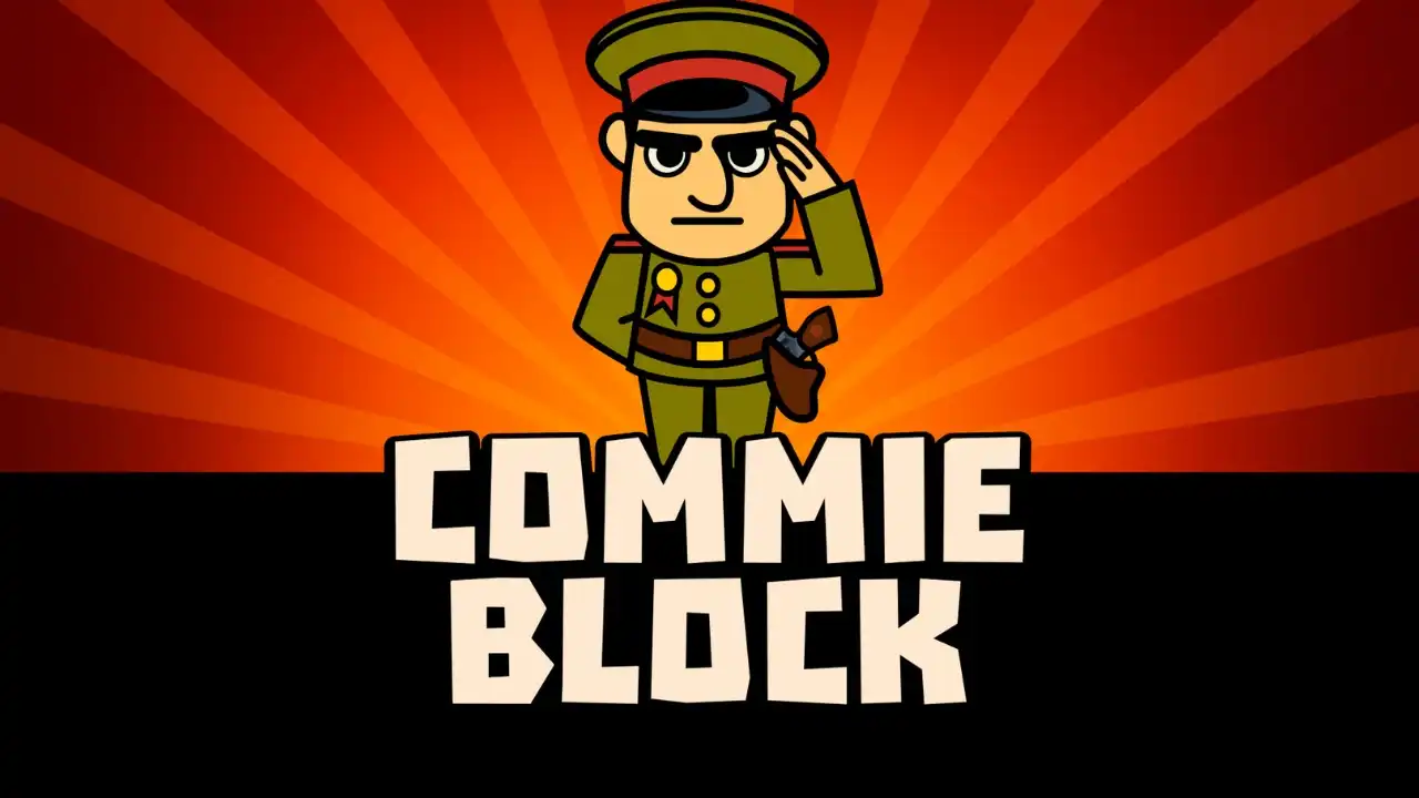 Commie Block key art showing a cartoon officer saluting above the game title on a red sunburst background