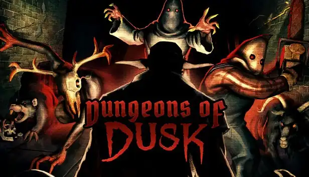 Promotional image for Dungeons of DUSK showing the game logo, shadowy dungeon figures, and multiple monsters surrounding the scene.