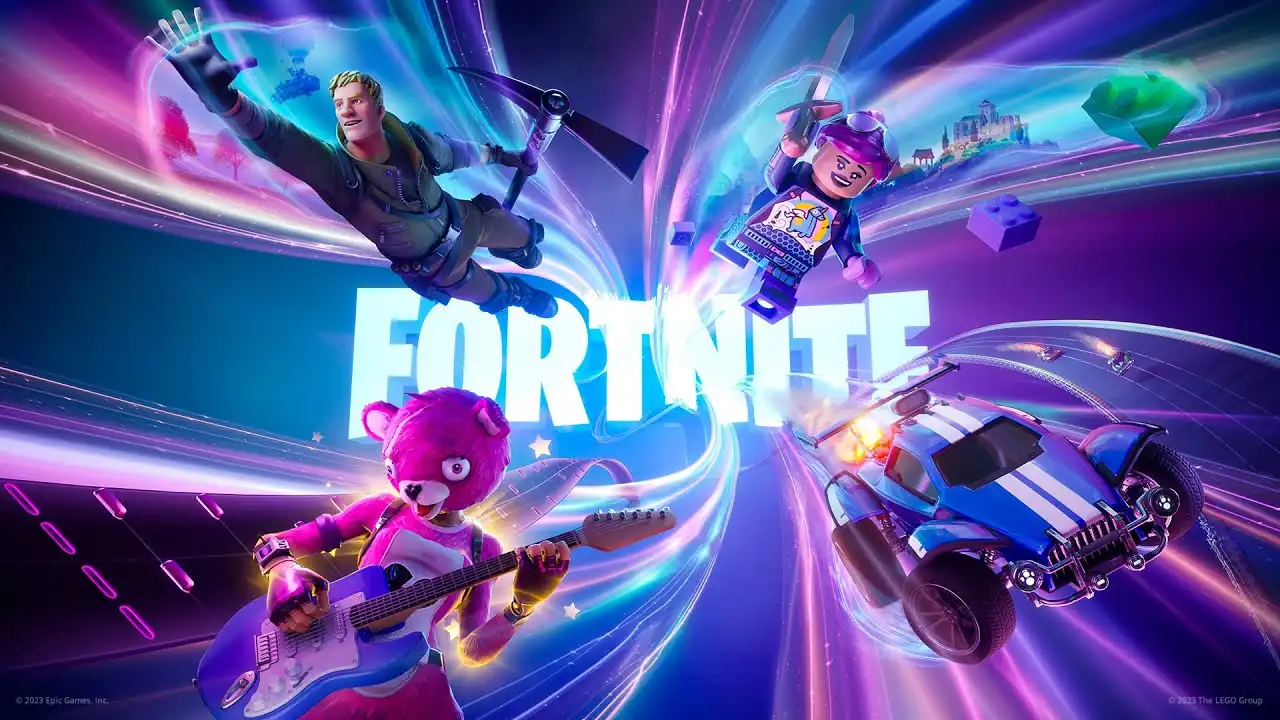 Fortnite promotional key art from Epic Games featuring Fortnite characters, a LEGO minifigure, and a Rocket League car around the Fortnite logo.