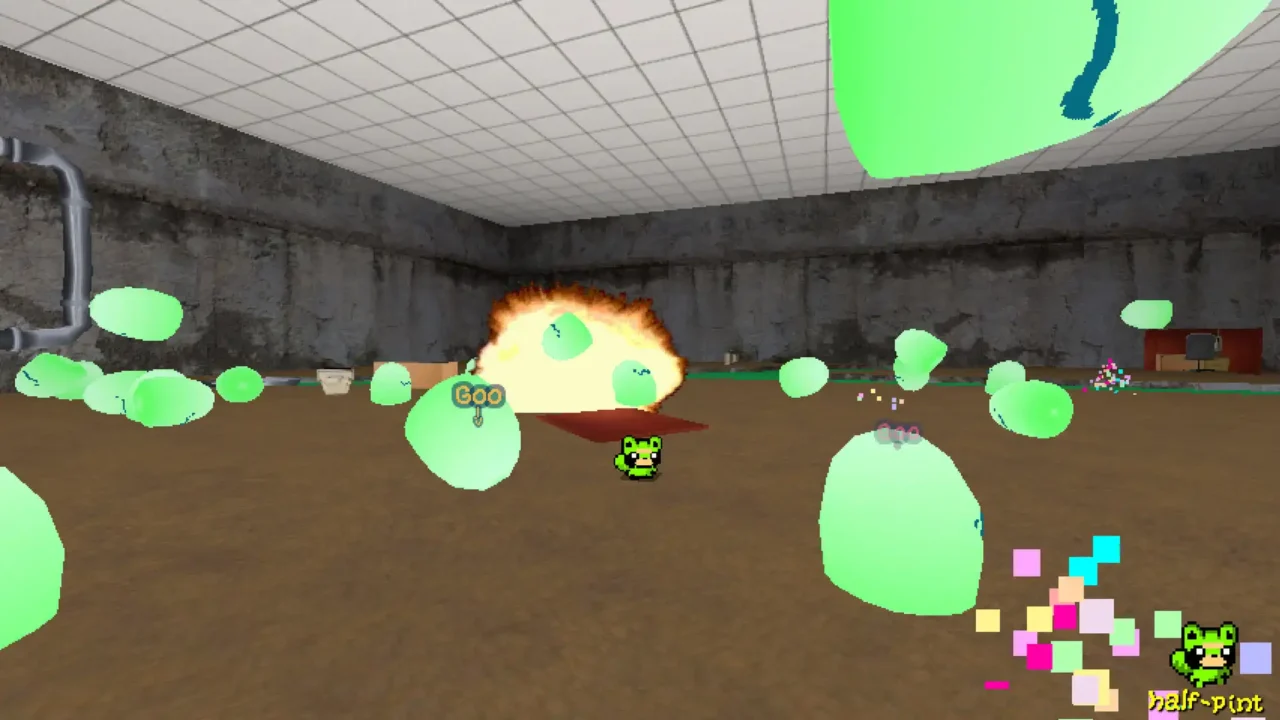 Funi Raccoon Game screenshot showing green slime-like enemies and a large explosion inside a grimy industrial room