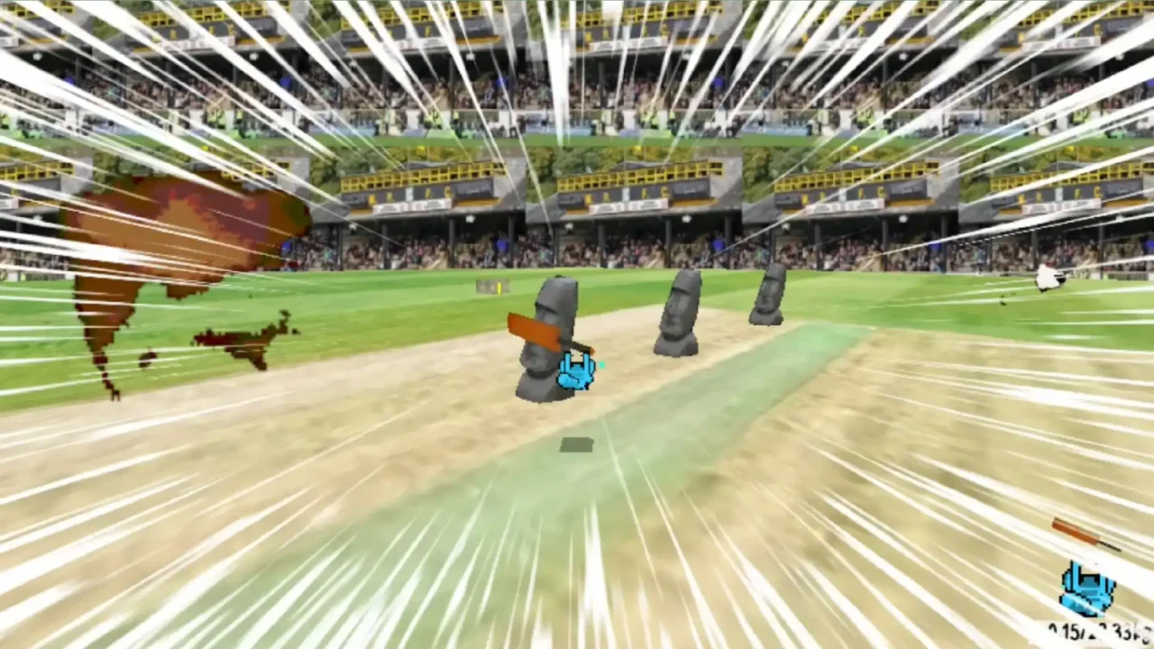 Funi Raccoon Game screenshot showing a raccoon with a cricket bat in a stadium filled with dramatic speed lines