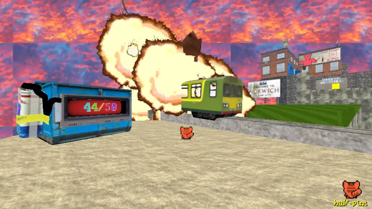 Funi Raccoon Game screenshot showing a tram, giant explosion, and surreal Norwich-inspired environment