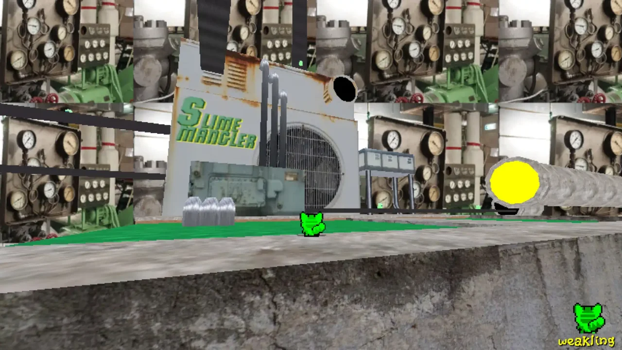 Funi Raccoon Game screenshot showing the Slime Mancer area with industrial textures and surreal layered backgrounds