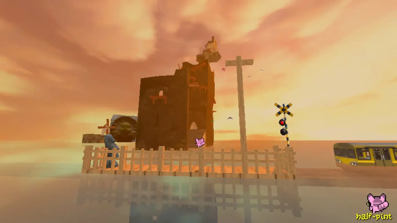 Funi Raccoon Game screenshot showing a floating sunset scene with a ruined structure, train crossing, and small pink raccoon character