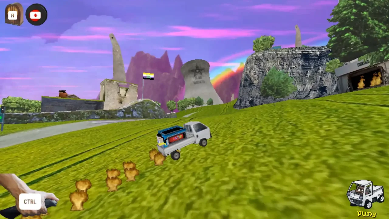 Funi Raccoon Game screenshot showing the raccoon driving a small truck through a bright open landscape