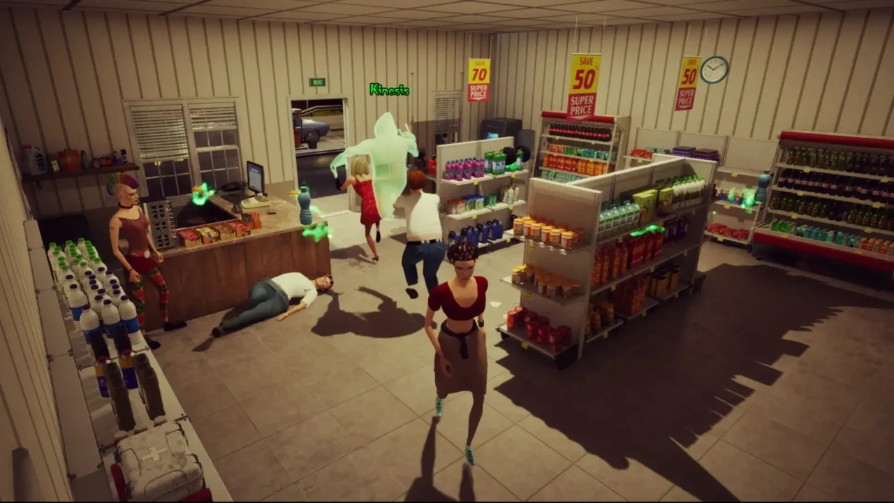 Interior screenshot of the gas station shop in Ghost Master: Resurrection | Ashes & Abyss with shelves, counter, and characters inside