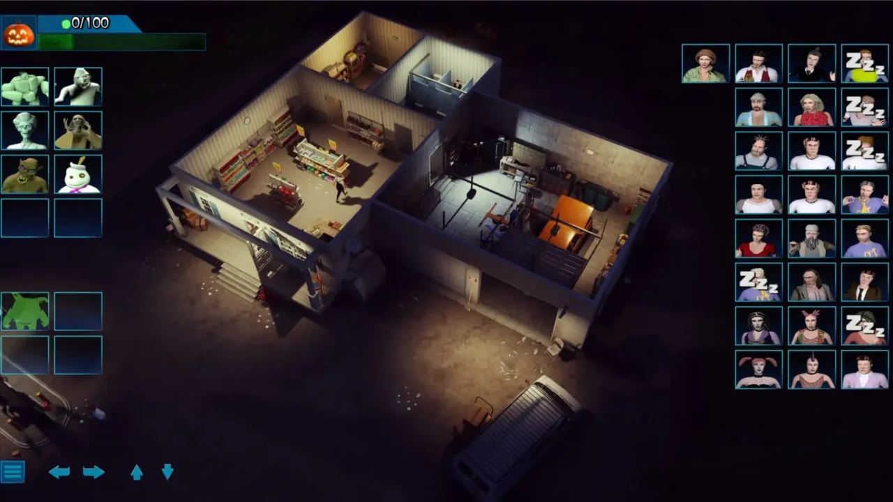 Overhead screenshot of the gas station level in Ghost Master: Resurrection | Ashes & Abyss showing the shop, garage, and back rooms