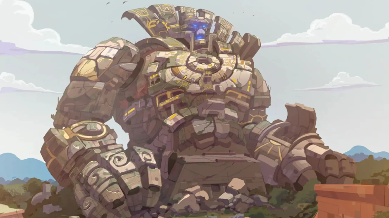 Key art for Golemancer showing a giant ancient stone golem towering over the landscape.