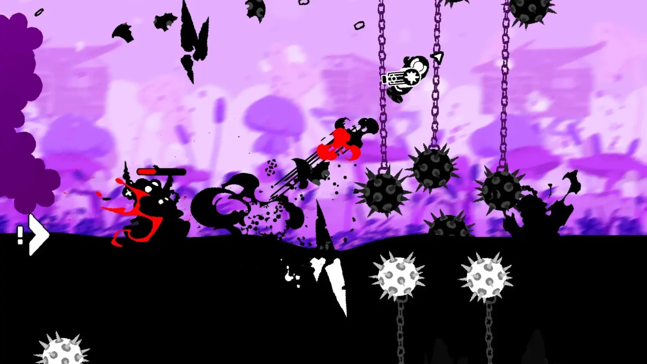 Gunboat God gameplay screenshot showing a purple stage filled with hanging spiked hazards and combat effects