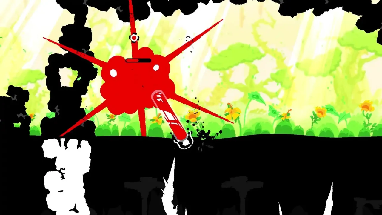 Gunboat God gameplay screenshot showing a red spiked enemy attack against a bright green background