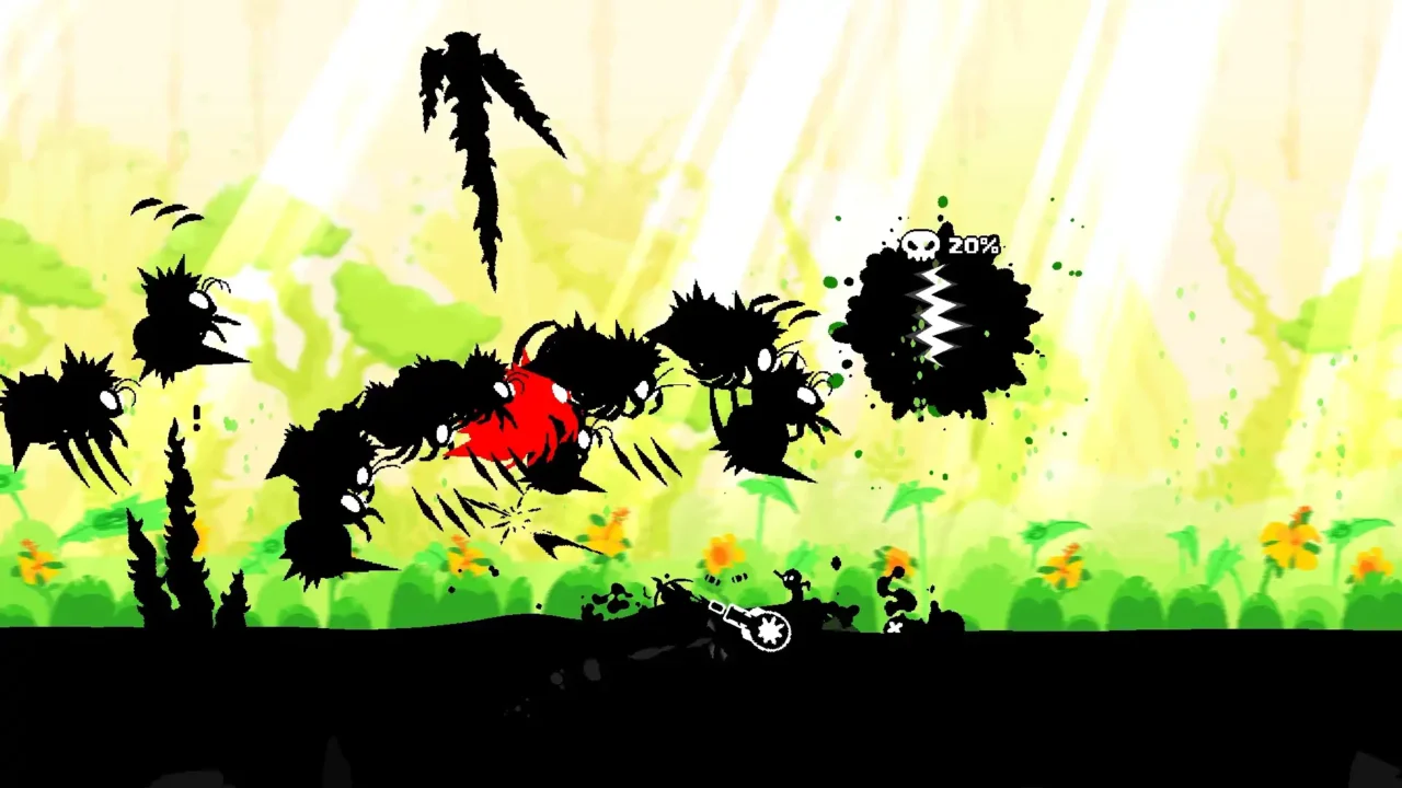Gunboat God gameplay screenshot with the player surrounded by a swarm of black flying enemies