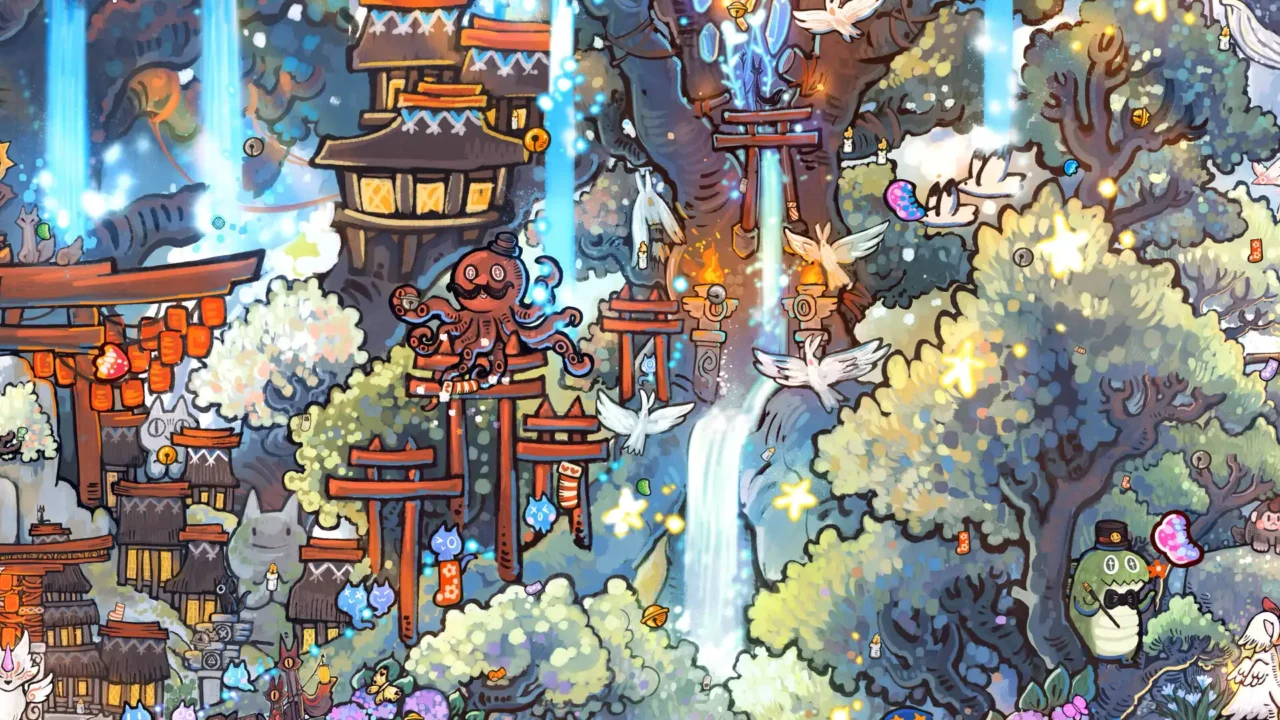 Screenshot from Whisker Wanderlust: Unwritten Chapter showing a magical forest shrine scene with waterfalls, lanterns, birds, and glowing hand-painted details.