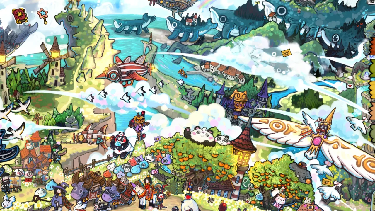 Wide screenshot from Whisker Wanderlust: Unwritten Chapter showing a sprawling fantasy landscape with flying ships, giant whales, castles, clouds, and colourful hidden-object elements.