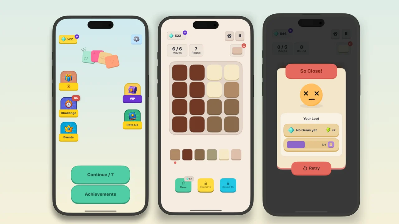 HueFold promotional image showing menu, gameplay, and failure screen on three iPhone displays