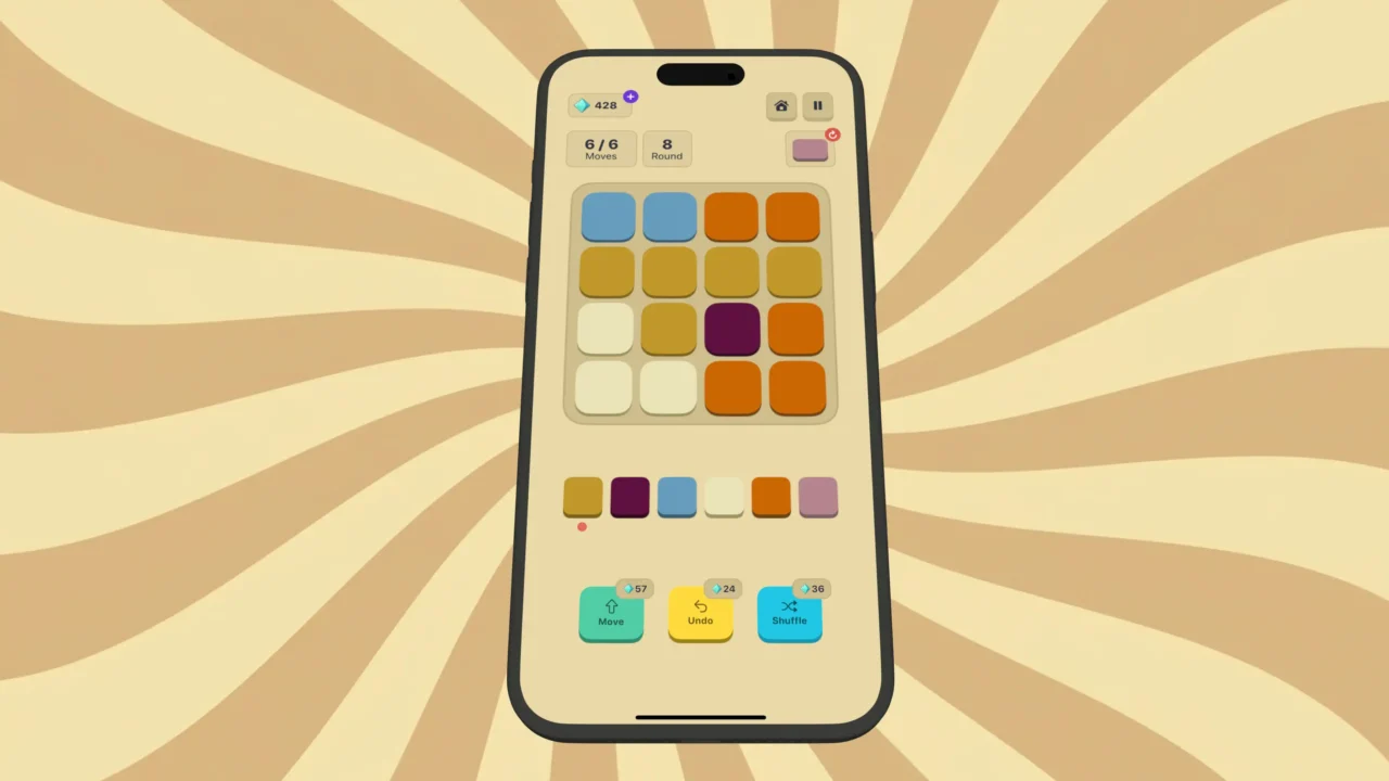 HueFold gameplay screen displayed on a single iPhone against a stylised background