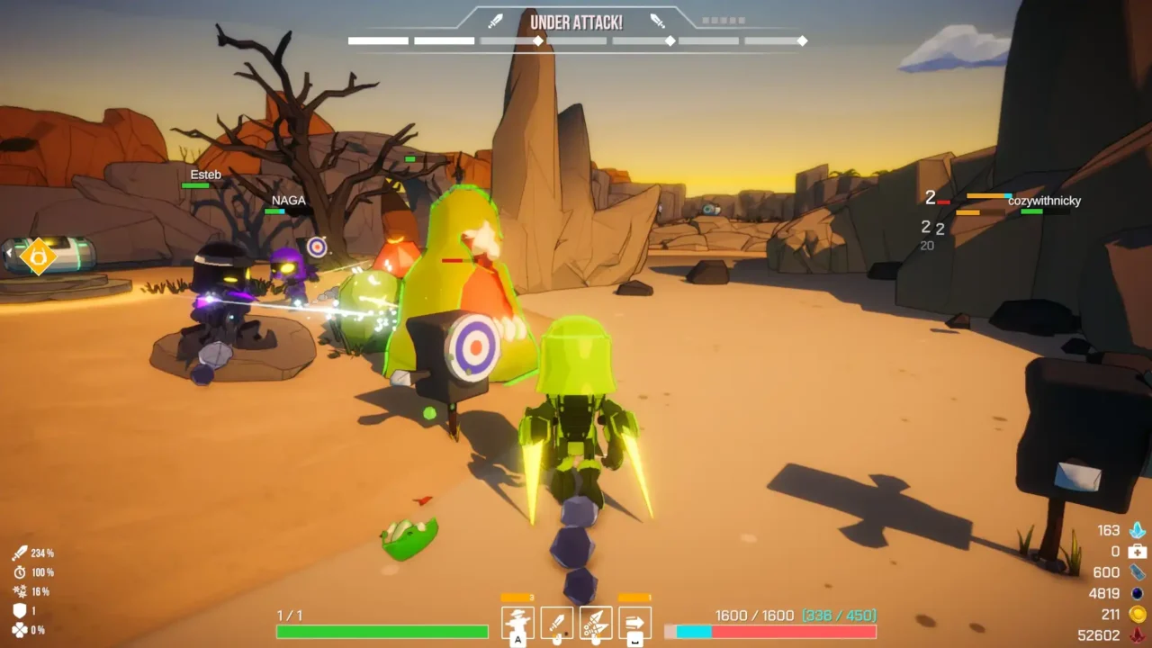 Co-op gameplay in Kritter: Defend Together as players defend their base in a desert area